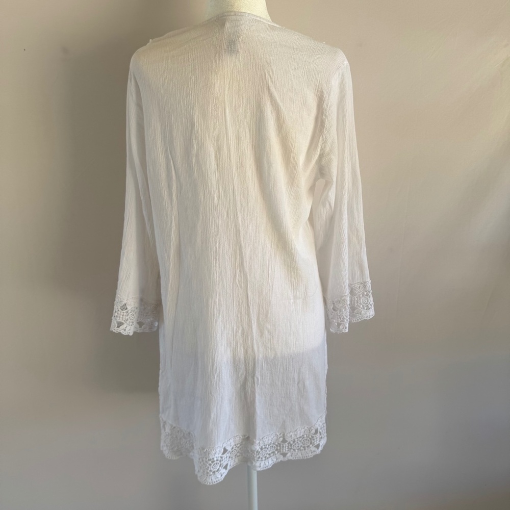 La Blanca White Crochet Trim Tunic Coverup Size L Resort Beach - Picture 2 of 10